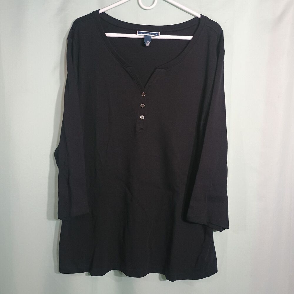 Women’s Black Henley Tunic Top – 3/4 Sleeve Button Front Casual Shirt